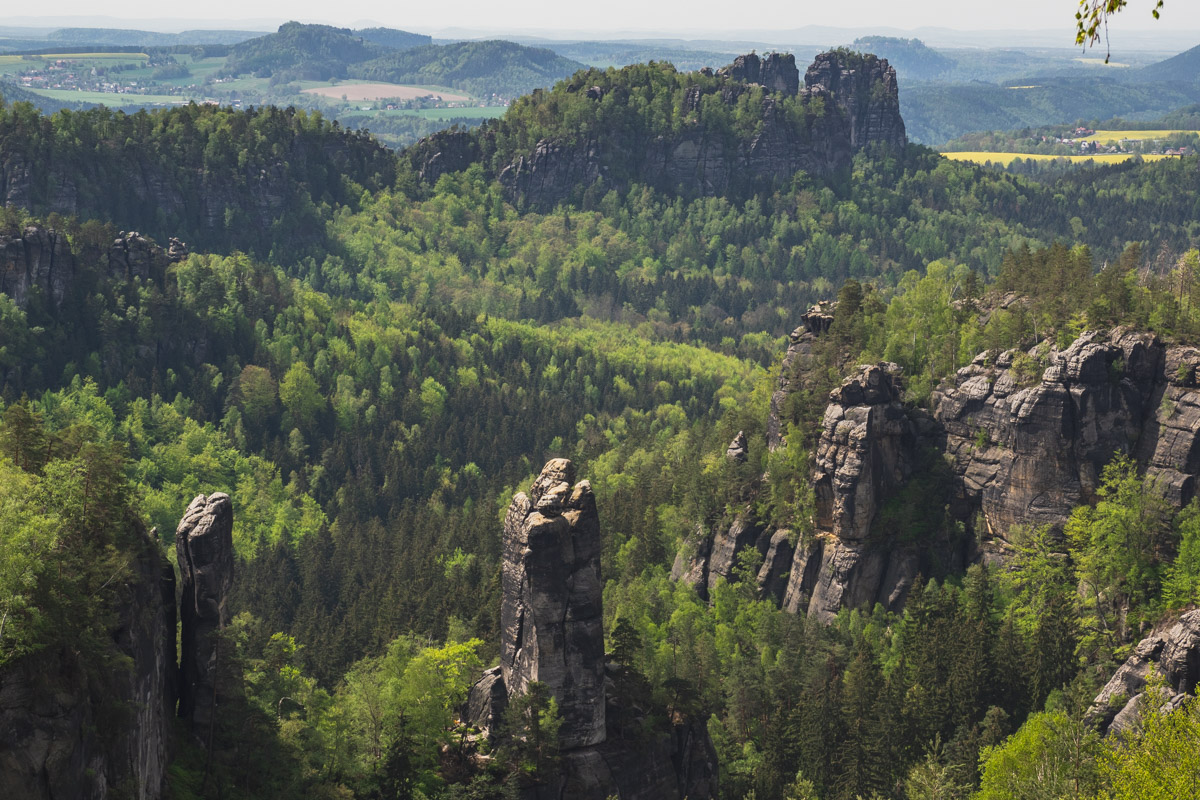 Blick über die grüne Landschaft mit Felsen zum klettern.